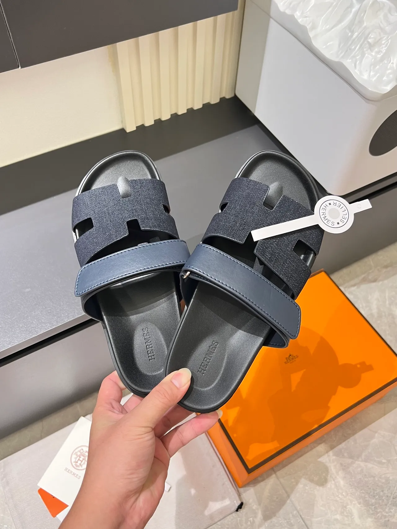 Hermès Oran Slide Black Blue H-Cutout Strap Construction Slippers 11