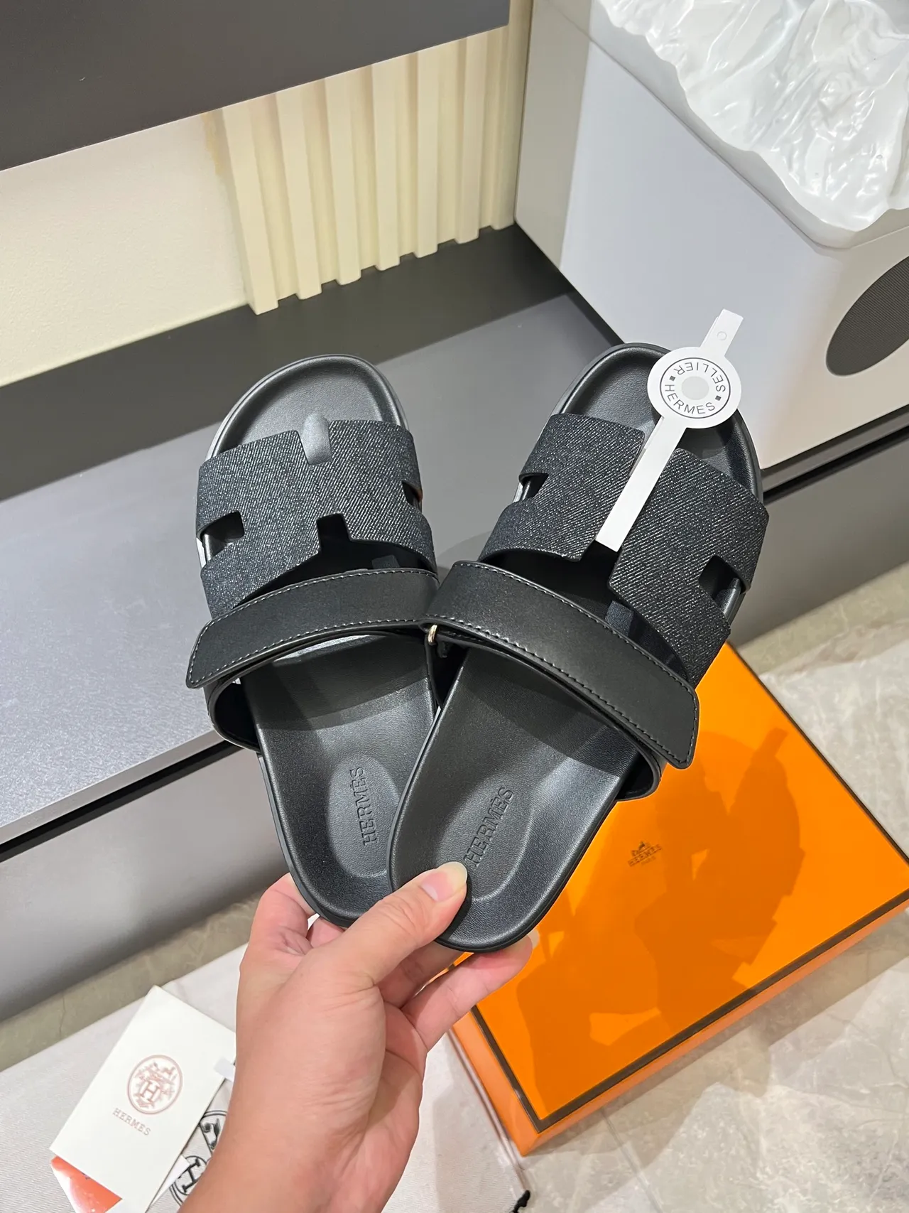 Hermès Oran Slide Black Blue H-Cutout Strap Construction Slippers 12