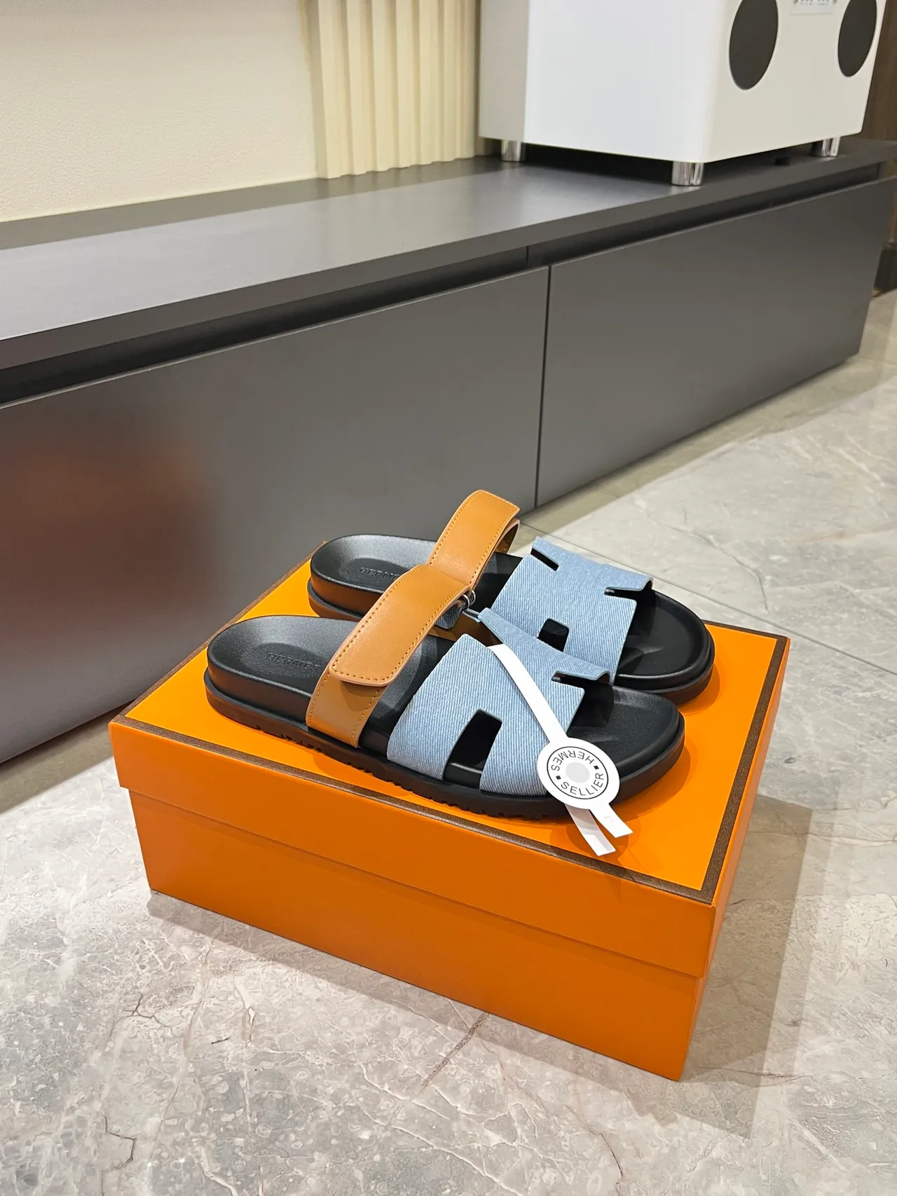Hermès Oran Slide Black Blue H-Cutout Strap Construction Slippers 13