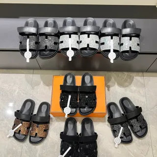 Hermès Oran Slide Crystal-Embellished H-Strap Slippers
