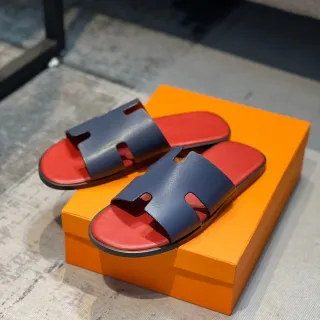 Hermès Oran Slide Navy and Red Leather Slippers