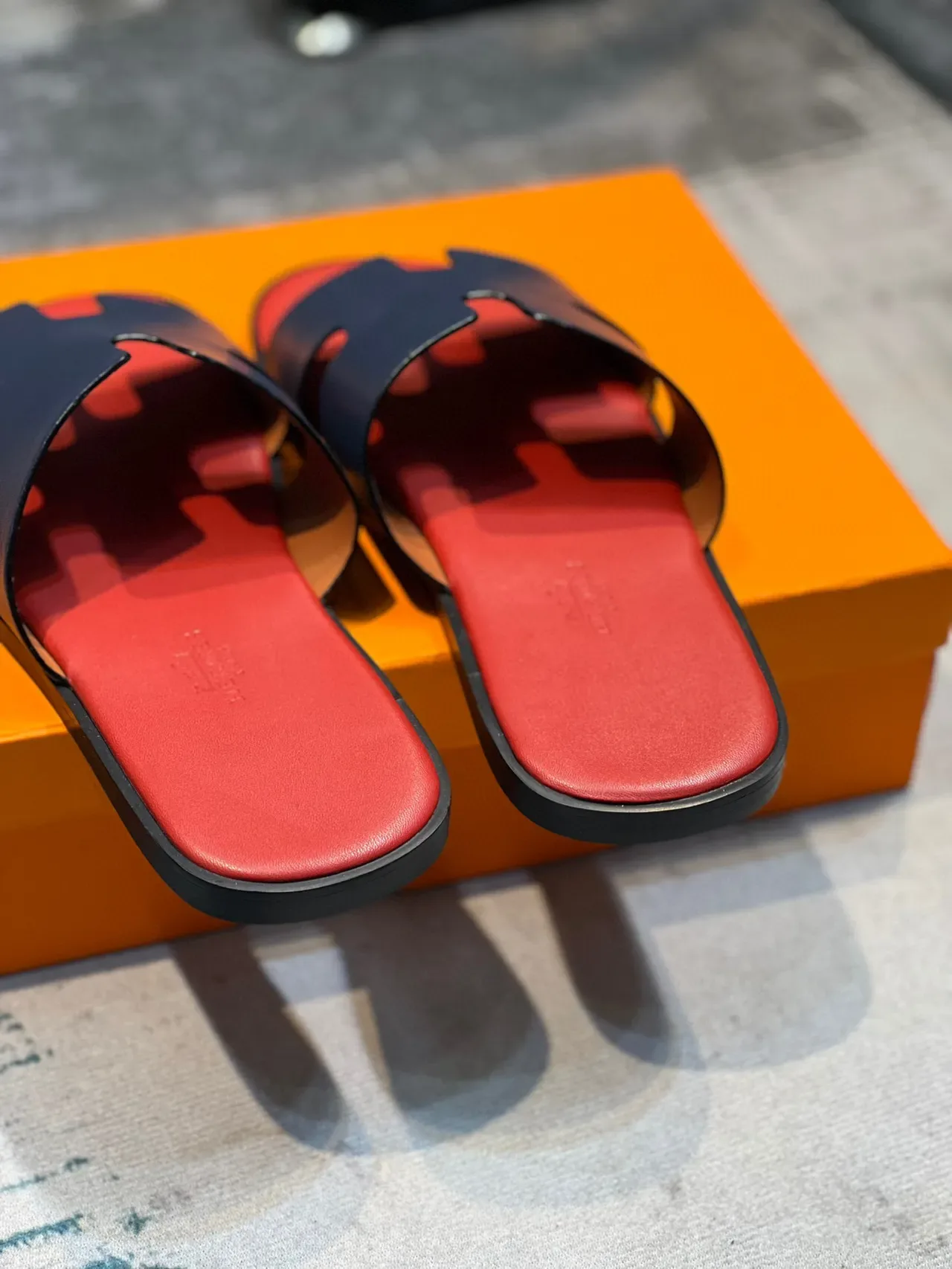 Hermès Oran Slide Navy and Red Leather Slippers 2
