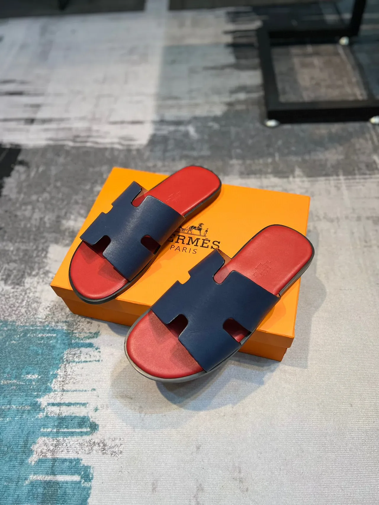 Hermès Oran Slide Navy and Red Leather Slippers 5
