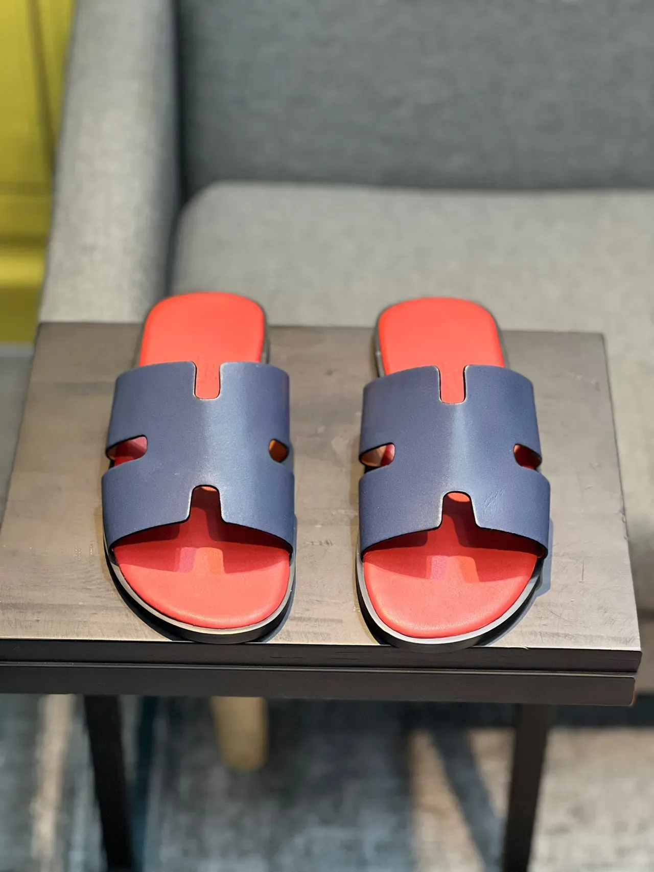 Hermès Oran Slide Navy and Red Leather Slippers 6