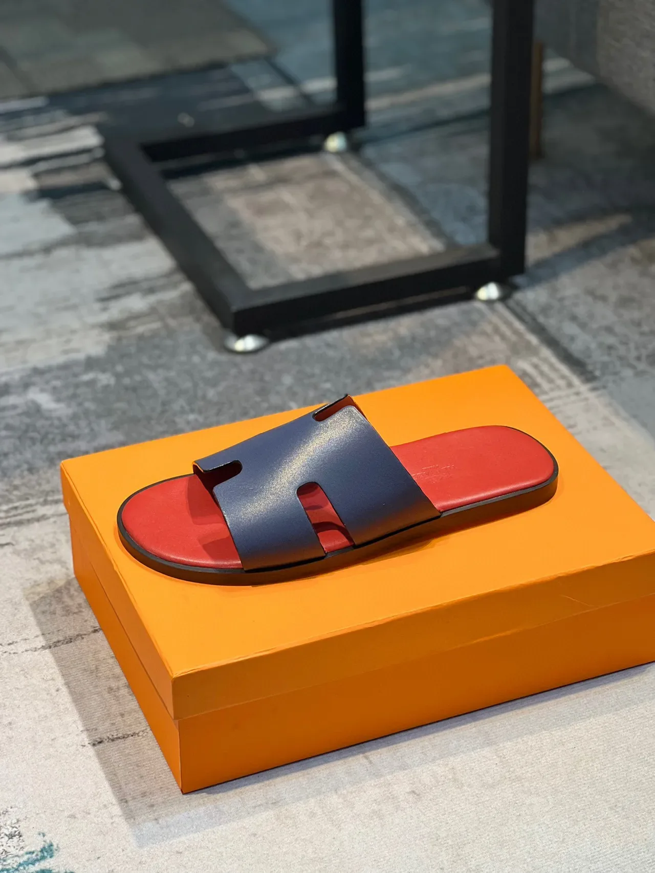 Hermès Oran Slide Navy and Red Leather Slippers 9