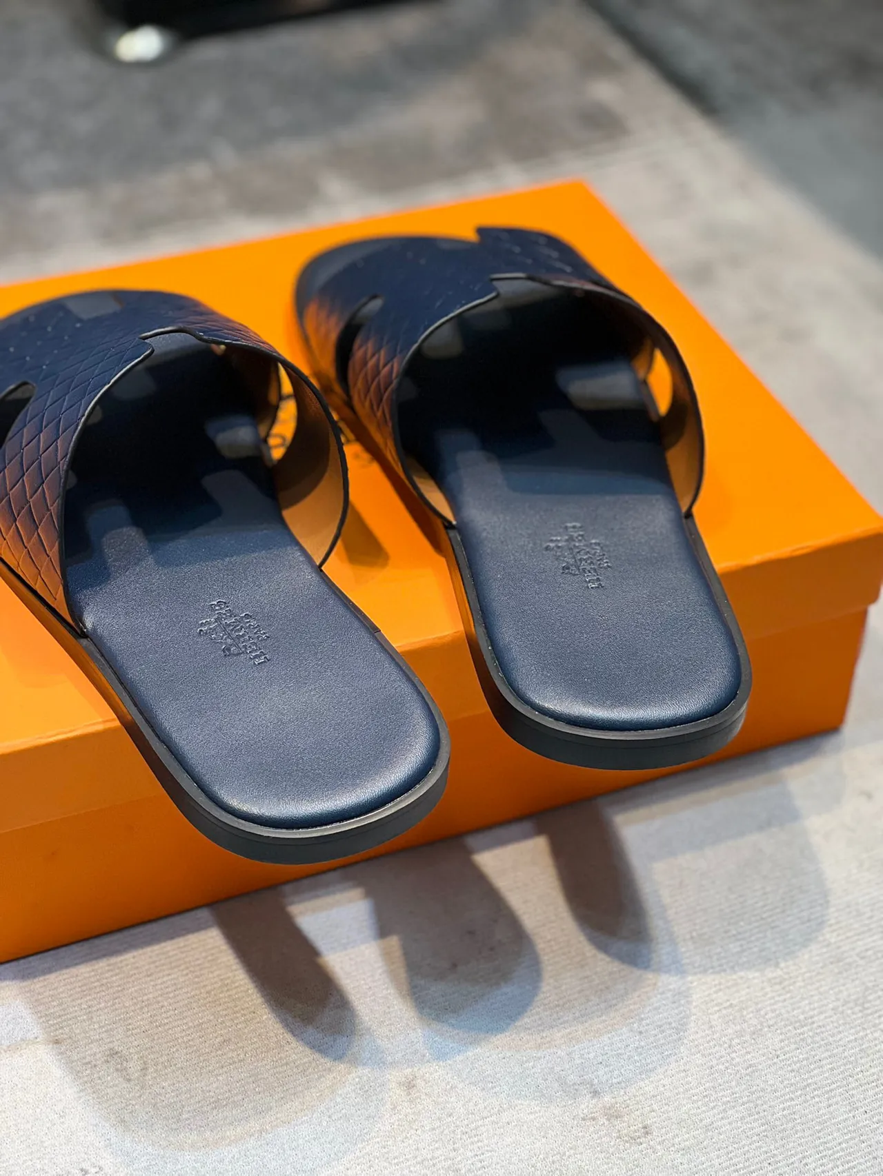Hermès Oran Slide Navy Quilted Leather Slippers 2