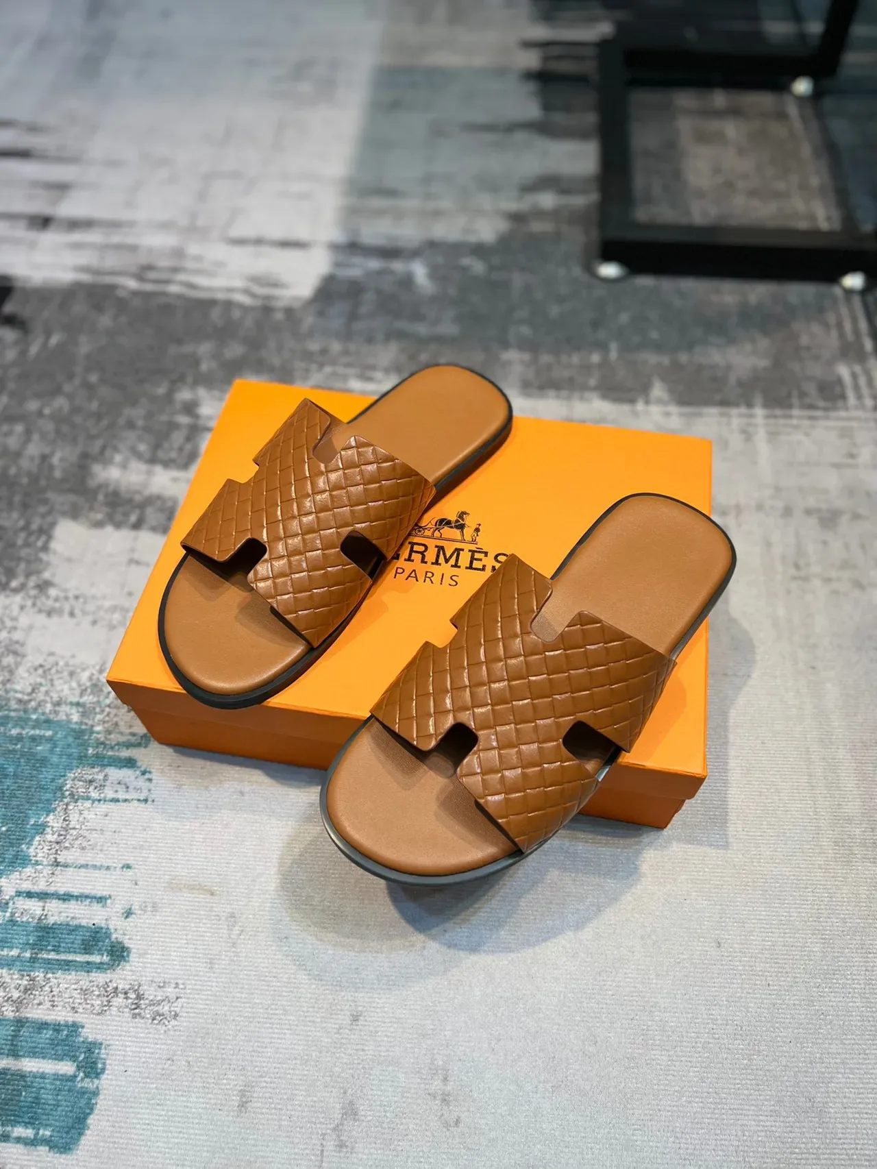 Hermès Oran Woven Leather Tan Slippers 5