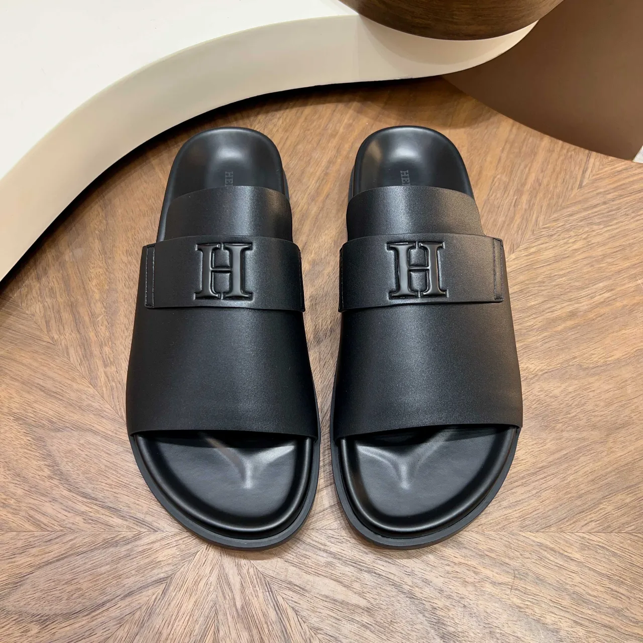 Hermès Slide Brown Black Leather Strap Interlocking H Logo Slippers 2