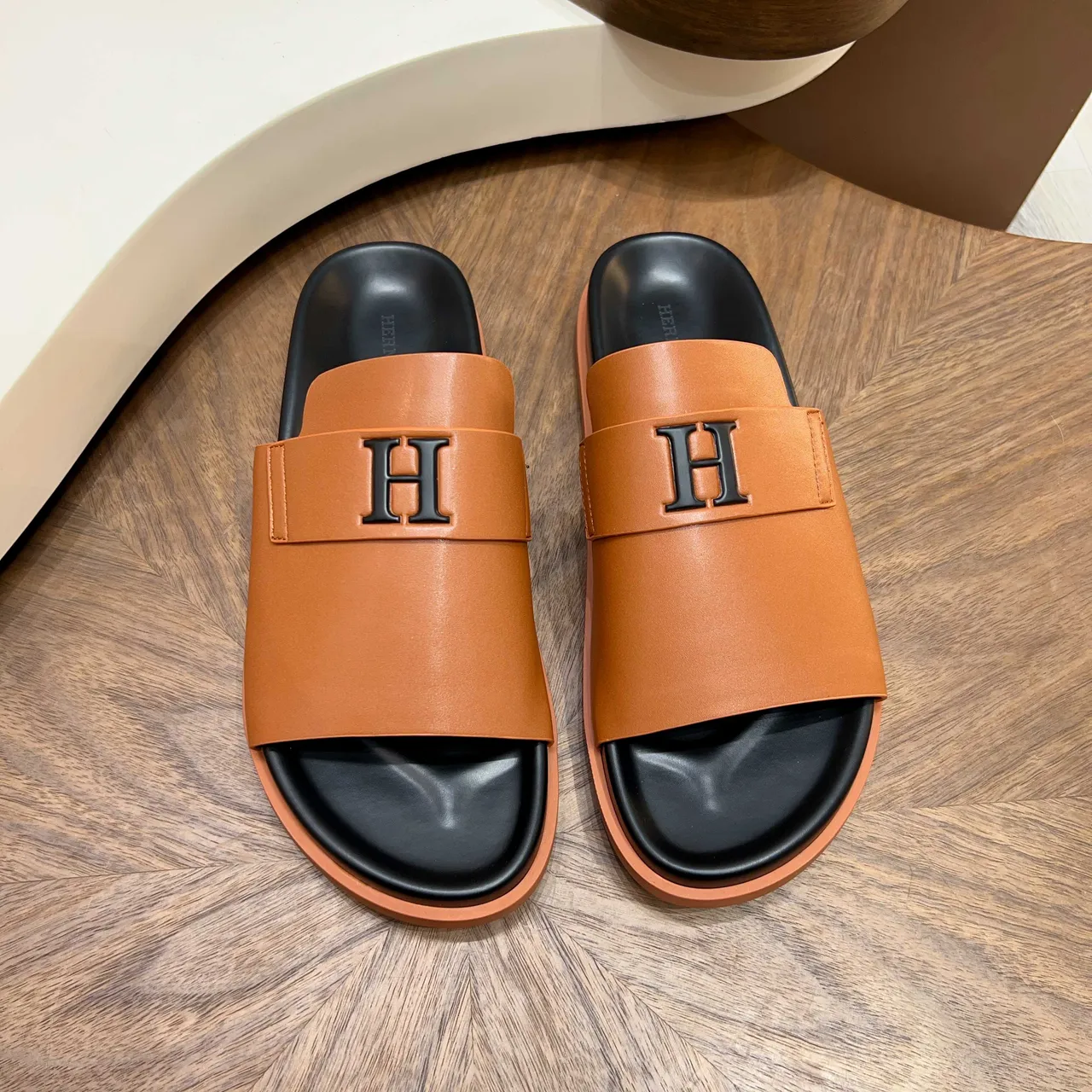 Hermès Slide Brown Black Leather Strap Interlocking H Logo Slippers 5