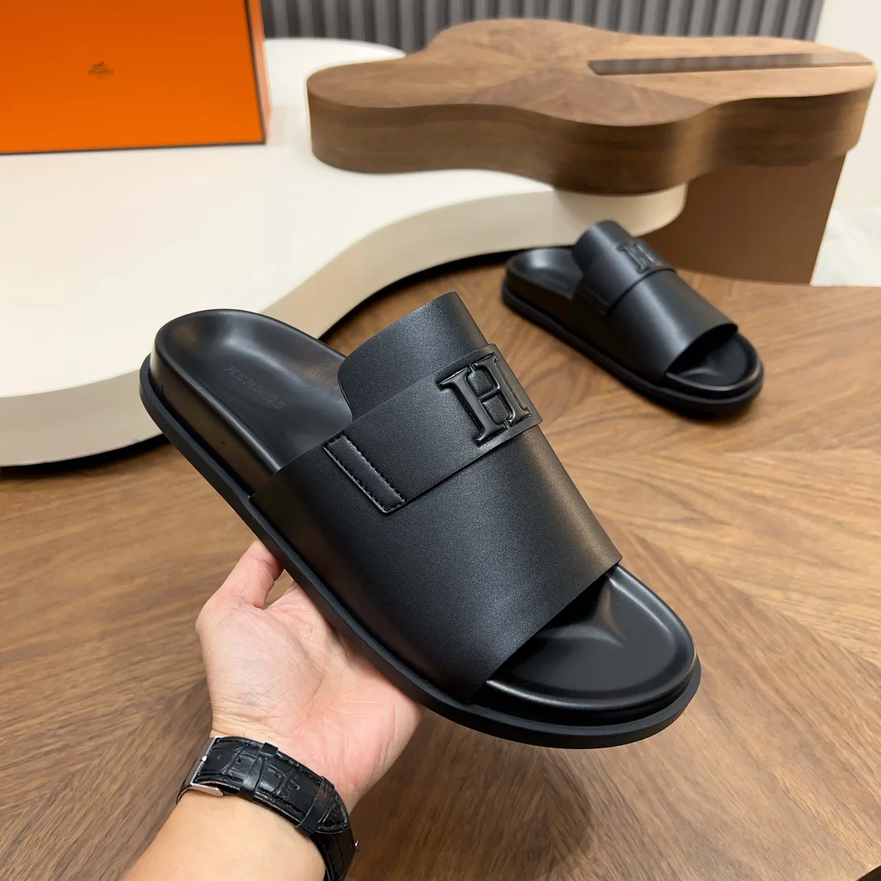 Hermès Slide Brown Black Leather Strap Interlocking H Logo Slippers 6