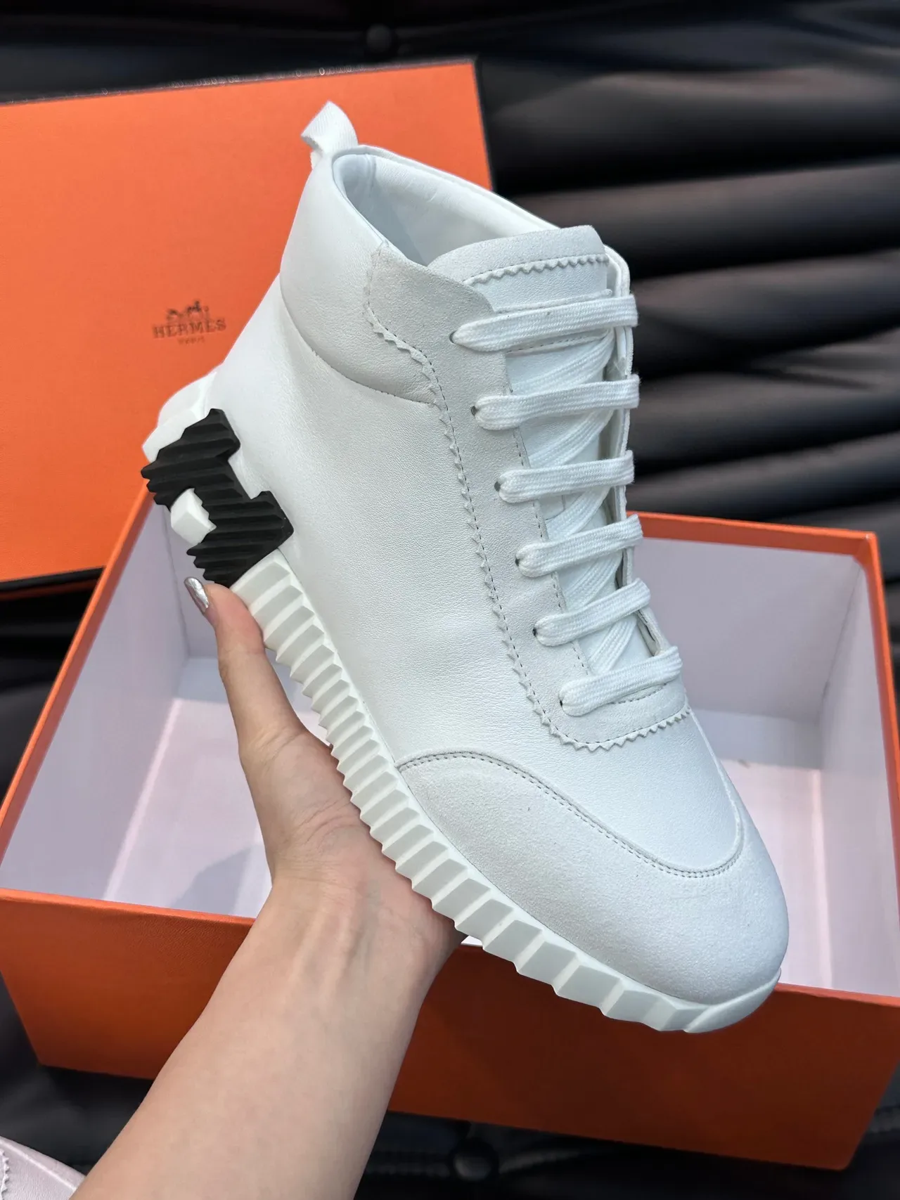 Hermès White Black High-Top Sculpted Ridged Sole Lifestyle Sneakers 3