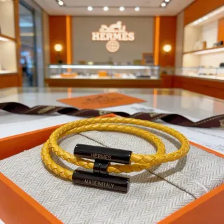 Hermès Yellow Black Braided Leather Magnetic Clasp Bracelet