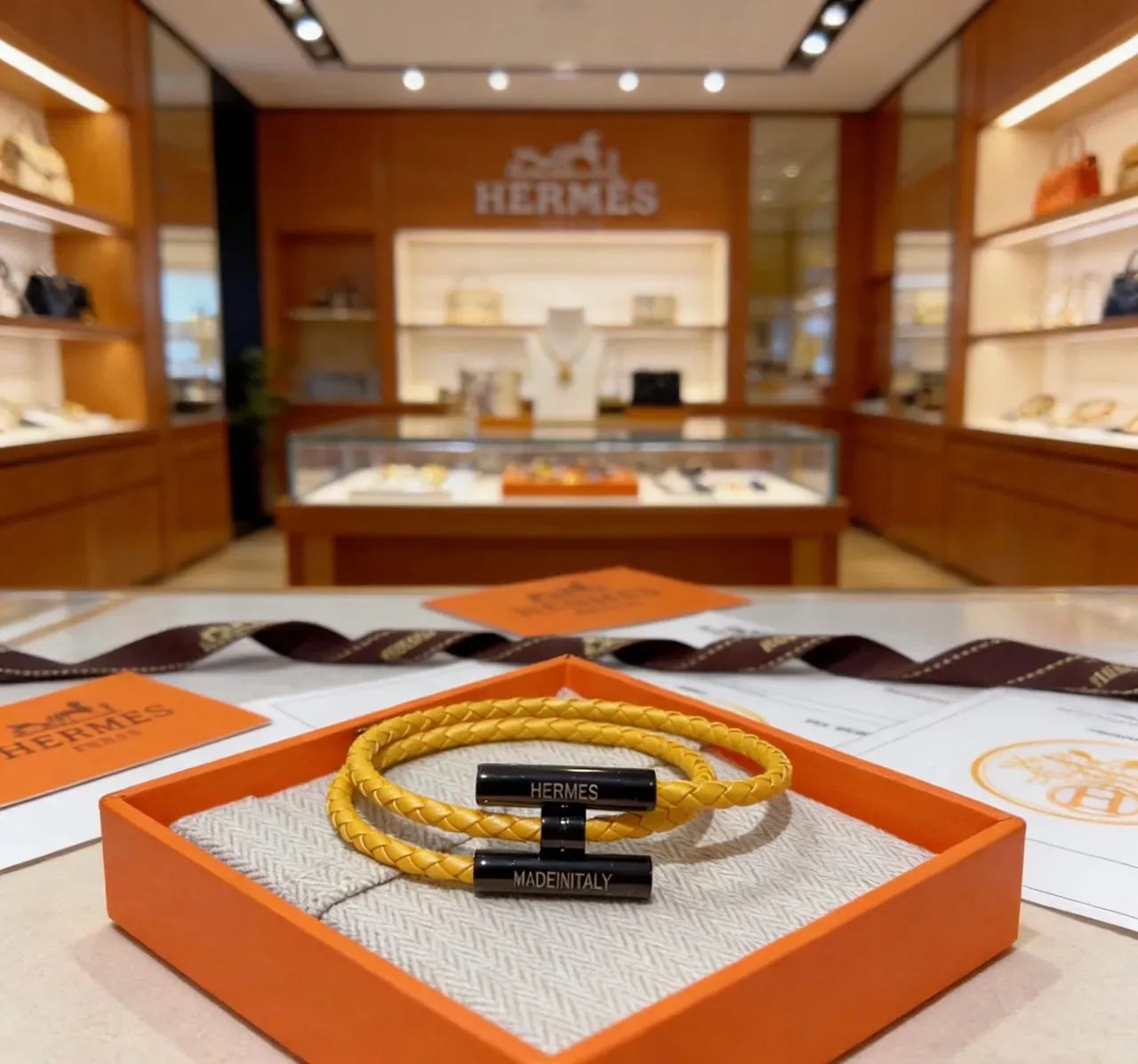 Hermès Bracelet en cuir tressé avec fermeture magnétique jaune et noir 4