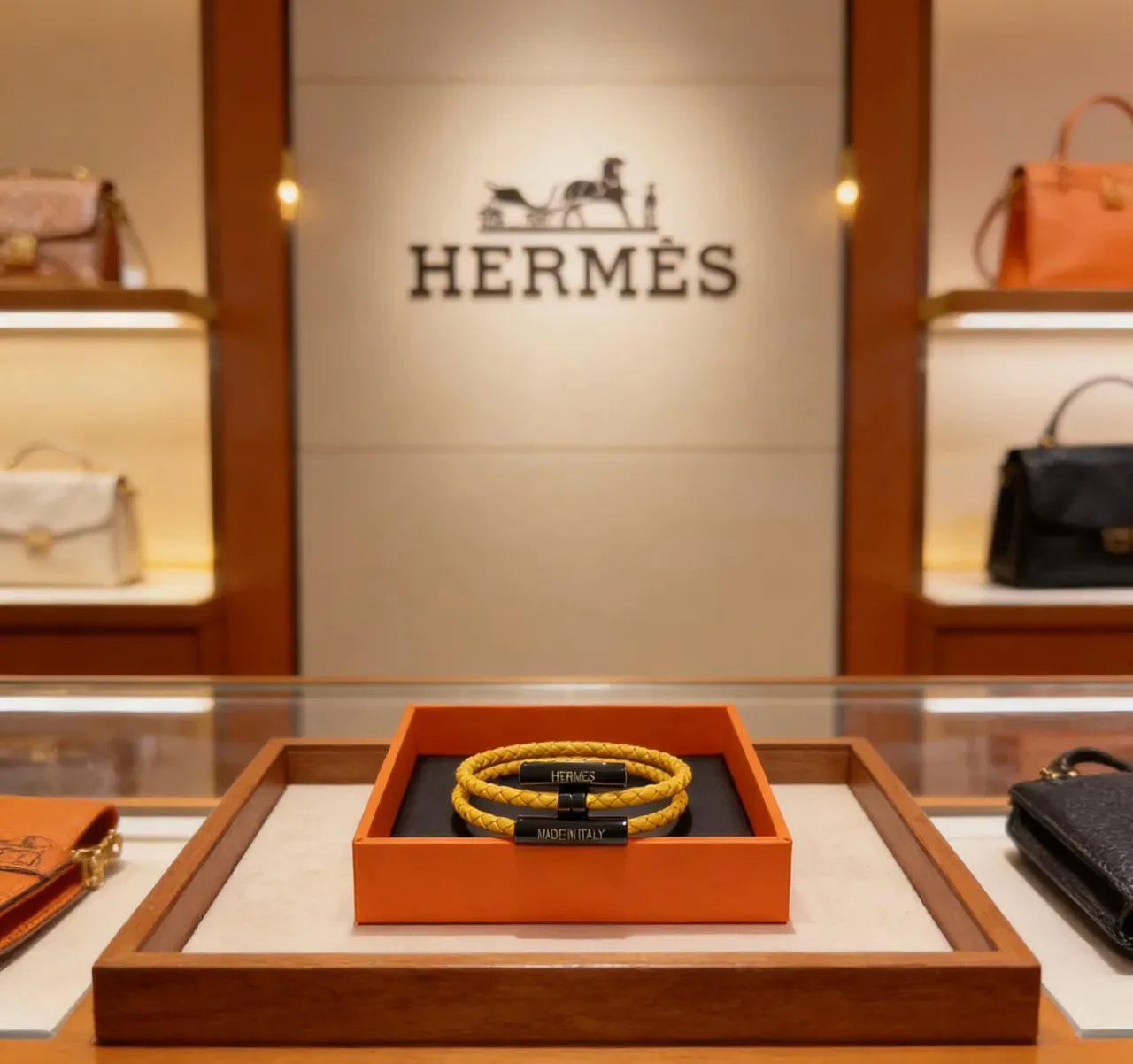 Hermès Bracelet en cuir tressé avec fermeture magnétique jaune et noir 9