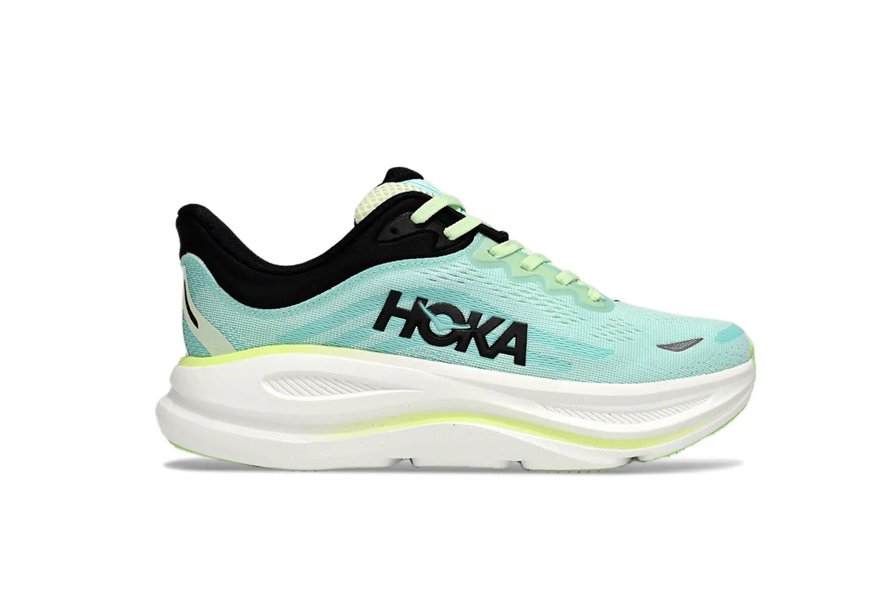 Hoka Clifton Verde Branco Upper Malha Engenharia Tamanho Oversized Solado Médio Tênis de Corrida 2