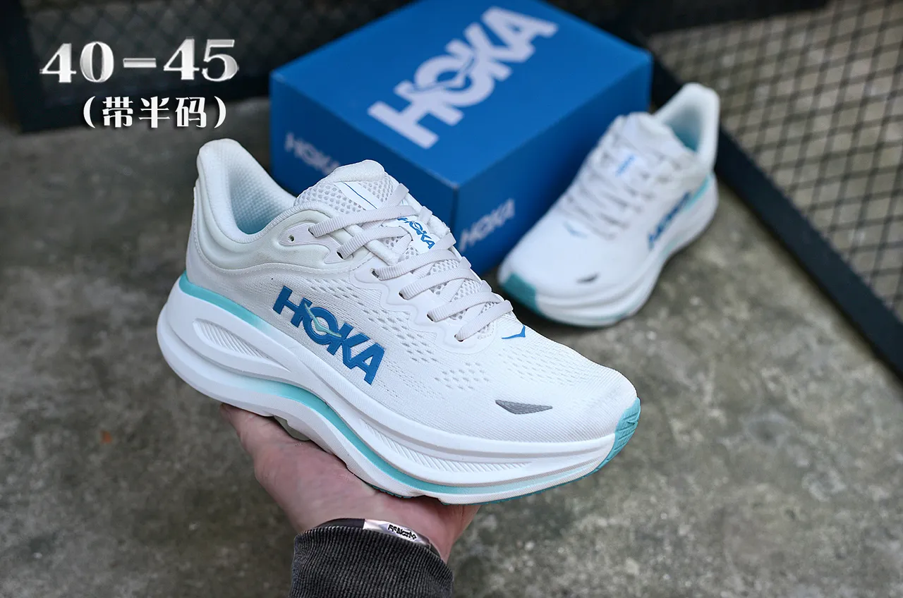 Hoka Clifton Blanc/Bleu Haut en maille ingénierisée Semelle moyenne EVA épaisse Chaussures de running 3