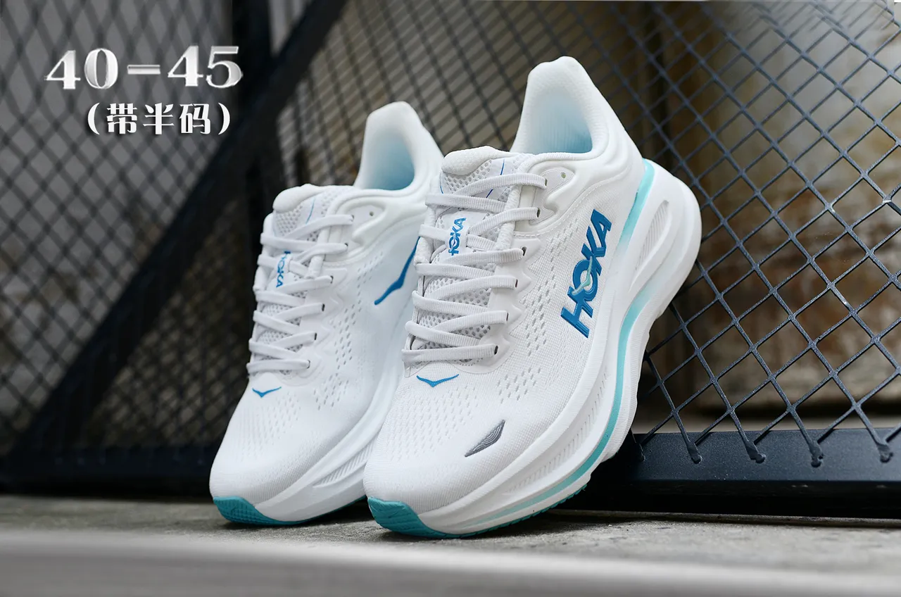 Hoka Clifton Blanc/Bleu Haut en maille ingénierisée Semelle moyenne EVA épaisse Chaussures de running 5