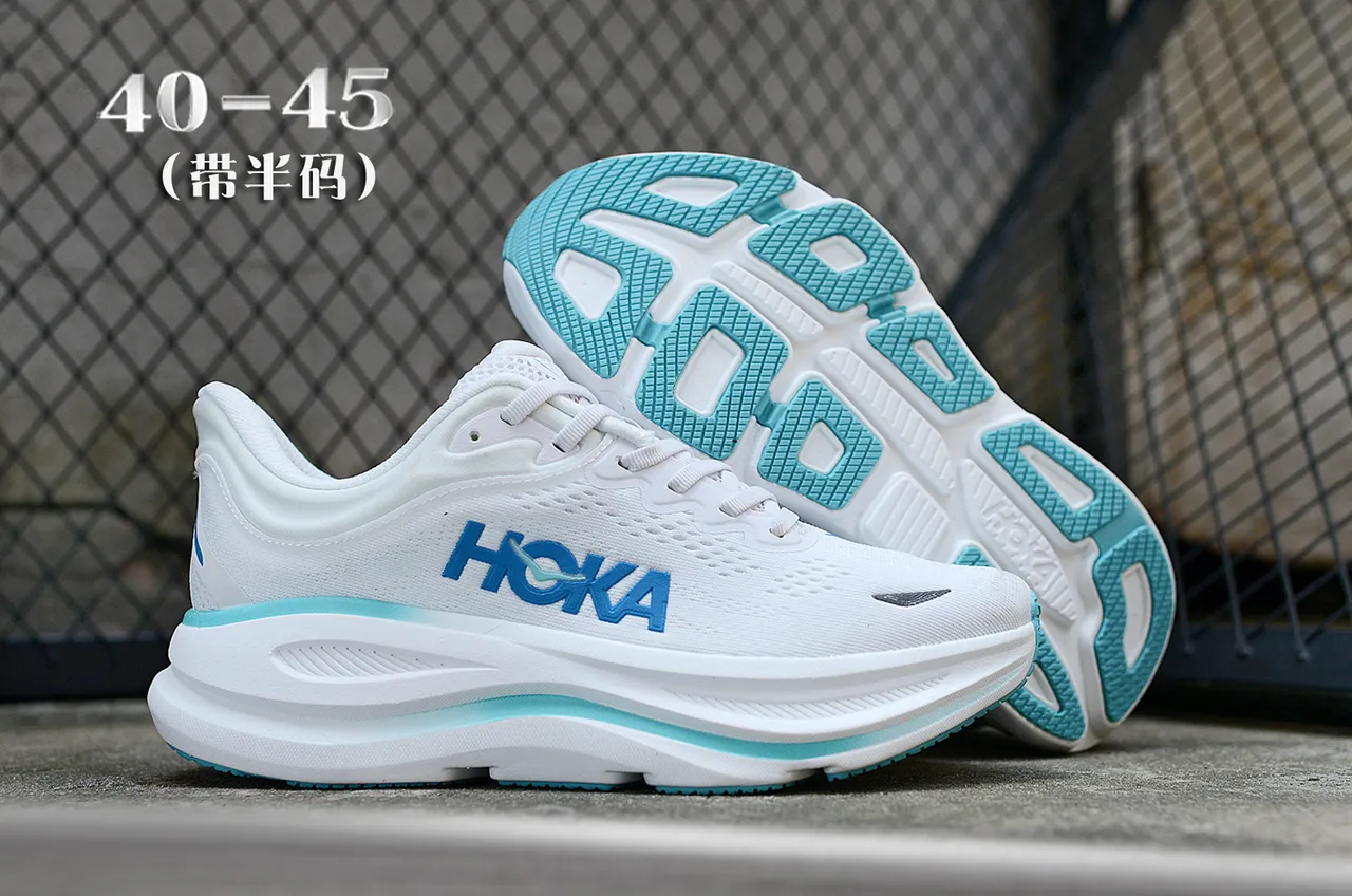 Hoka Clifton Blanc/Bleu Haut en maille ingénierisée Semelle moyenne EVA épaisse Chaussures de running 7
