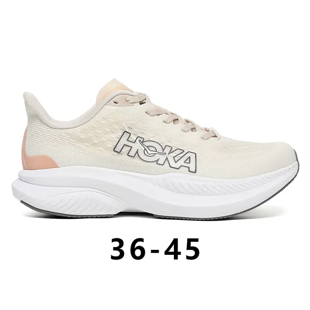 Hoka Mach 6 Bege Rosa Upper de Malha Ingenieril Sola Média Esculpida Branca Tênis de Corrida 2