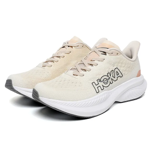 Hoka Mach 6 Bege Rosa Upper de Malha Ingenieril Sola Média Esculpida Branca Tênis de Corrida 5