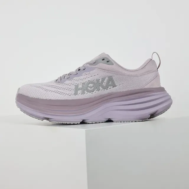 Hoka Purple Gray Engineered Knit Upper Stacked Cushioned Midsole Running Shoes 9
