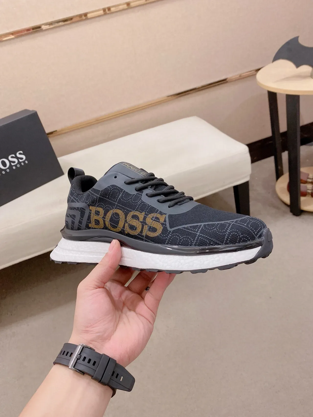 Hugo Boss Chaussures Lifestyle Noir et Or avec Upper en Knit et Logo Bold 4