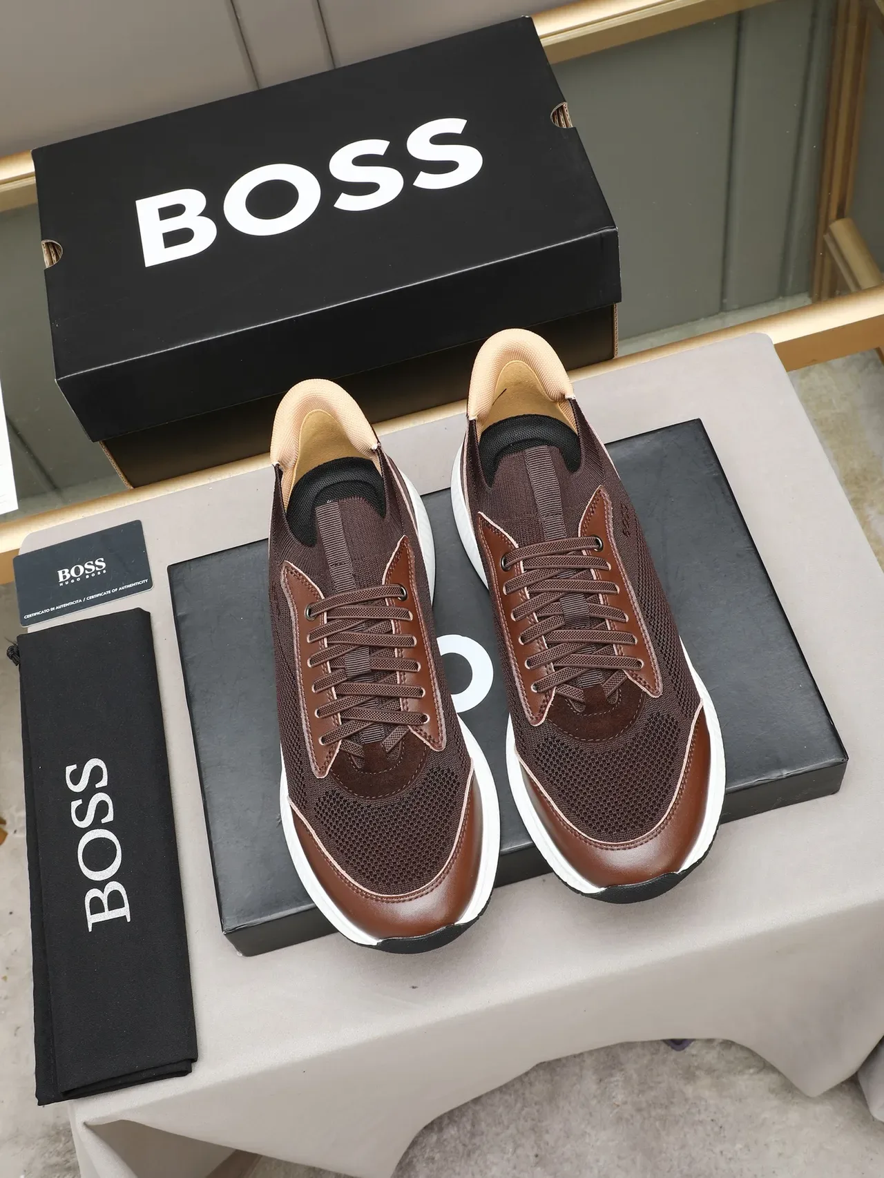 Hugo Boss Brown Mesh and Leather Lifestyle Sneaker 2