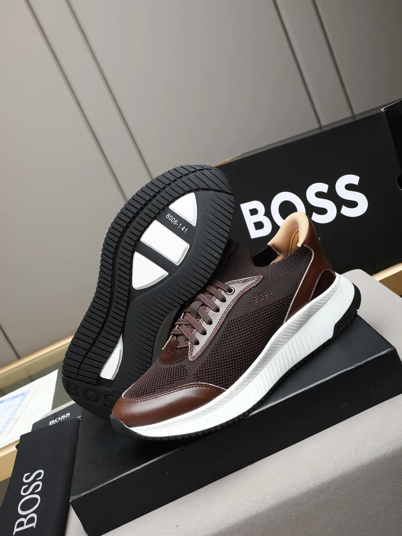 Hugo Boss Brown Mesh and Leather Lifestyle Sneaker 4