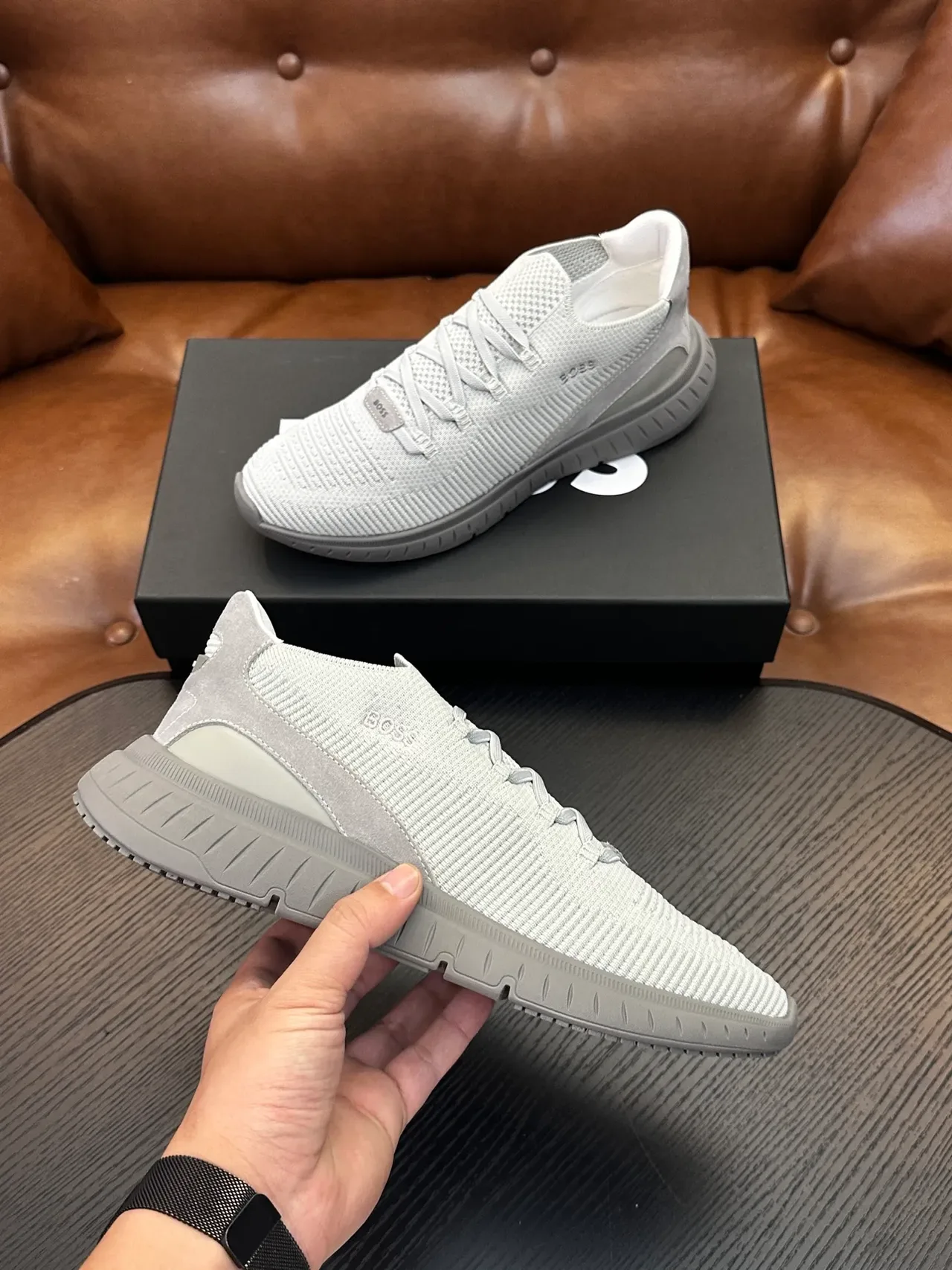 Hugo Boss Chaussures Lifestyle Gris En Tricot Slip-On 5