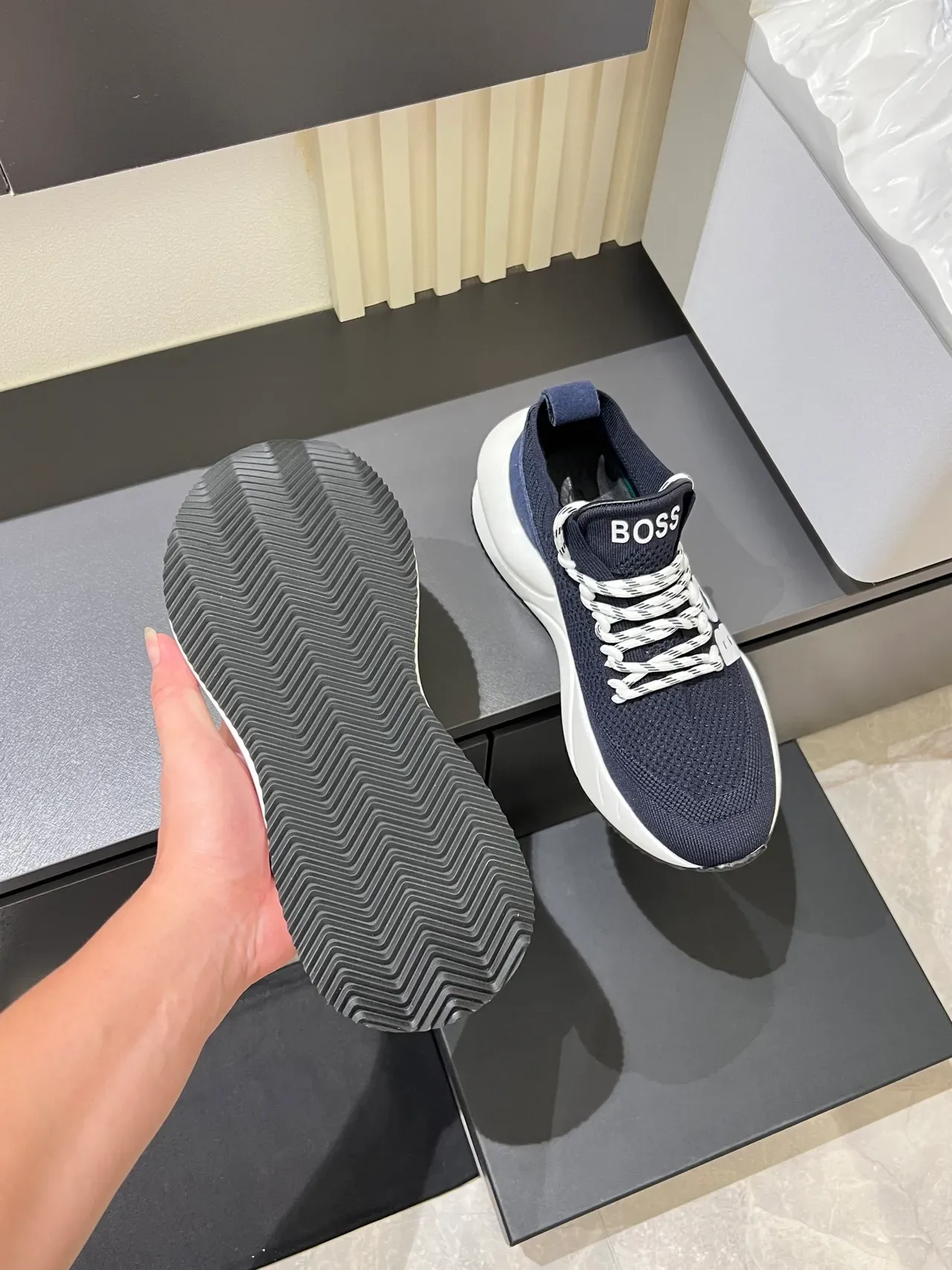 Hugo Boss Navy and White Knit Logo Sneakers 3