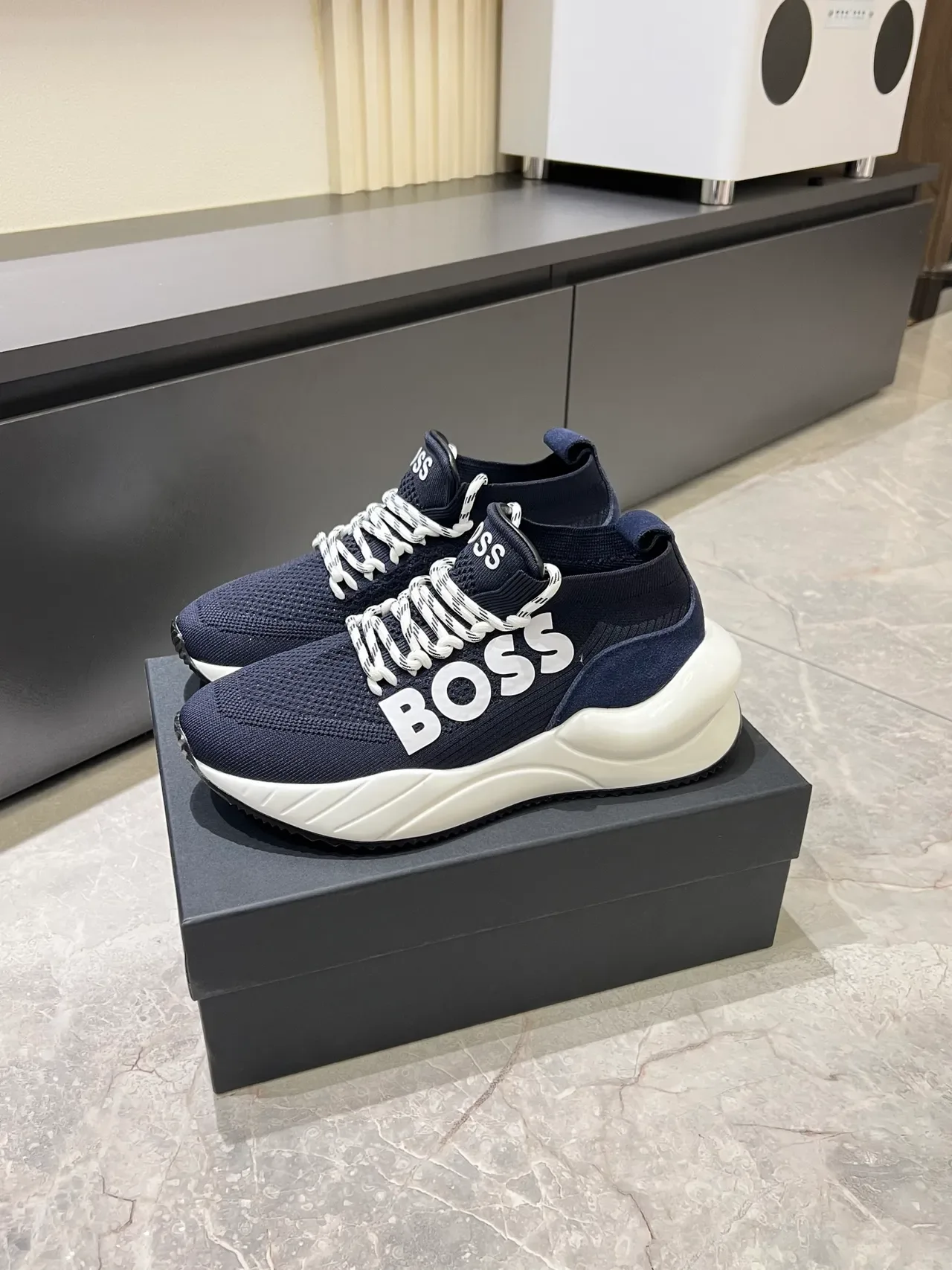 Hugo Boss Navy and White Knit Logo Sneakers 4