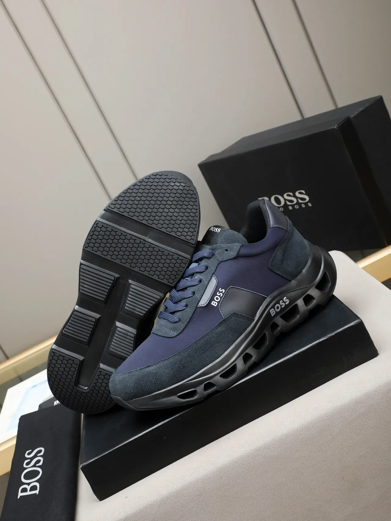 Hugo Boss Navy Black Mixed-Material Upper Sculpted Ventilated Midsole Lifestyle Sneakers 4