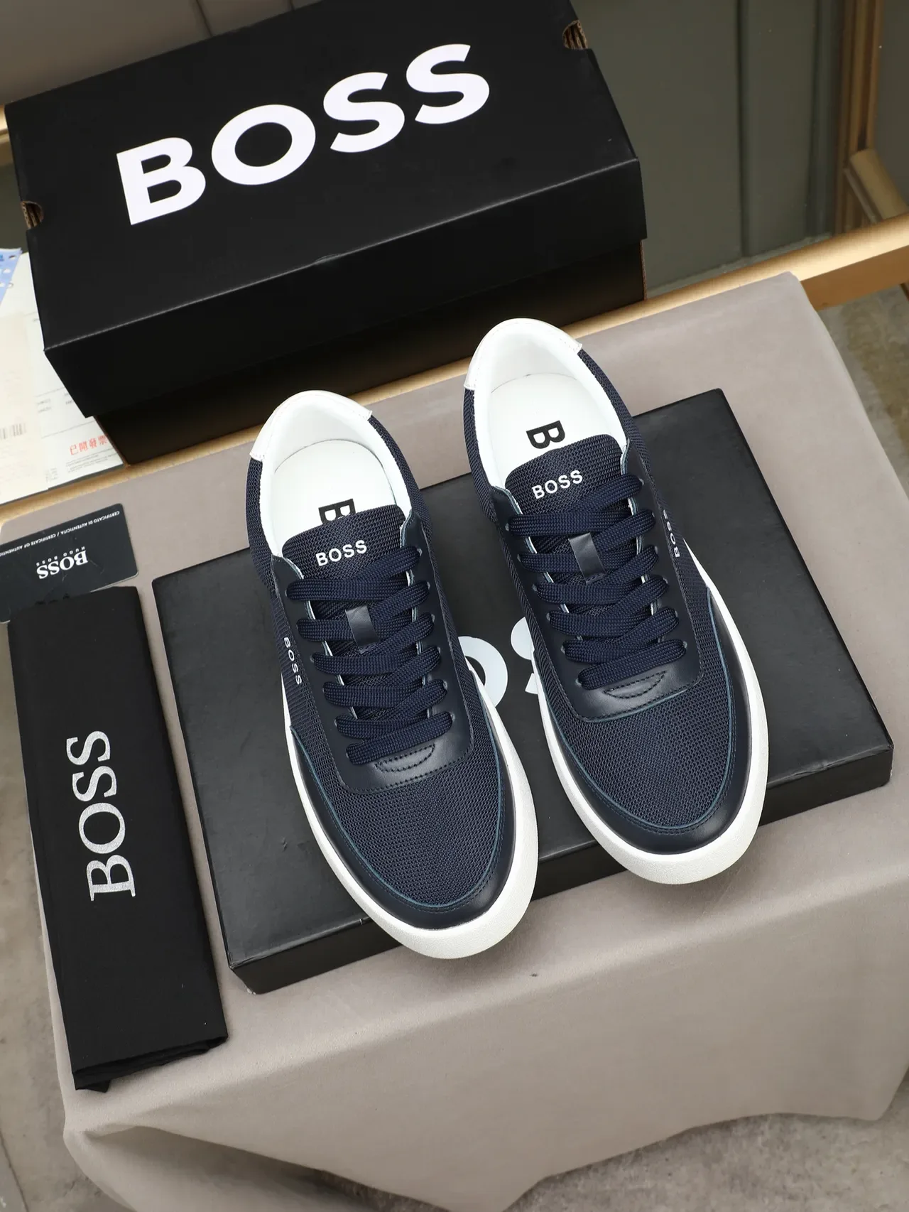 Hugo Boss Navy White Mesh And Leather Upper Platform Sole Lifestyle Sneakers 2