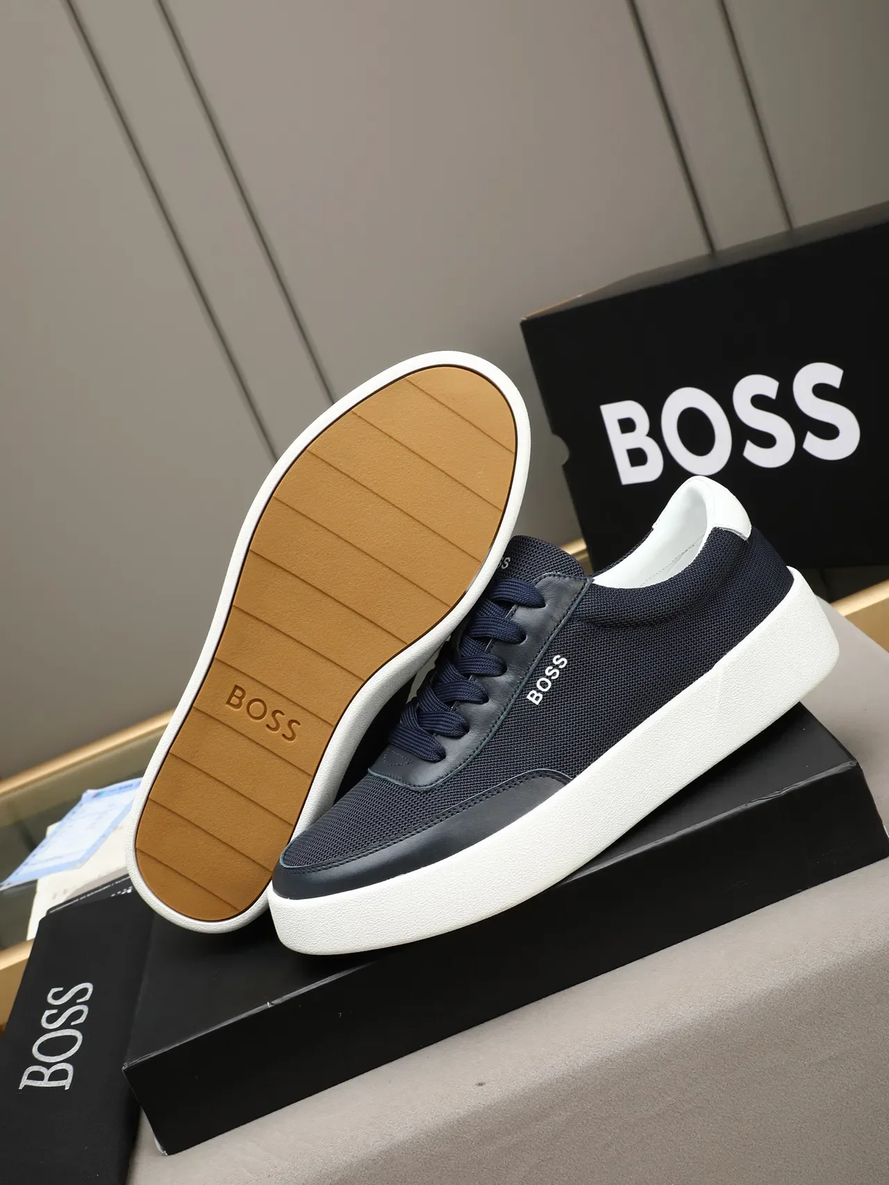 Hugo Boss Navy White Mesh And Leather Upper Platform Sole Lifestyle Sneakers 4