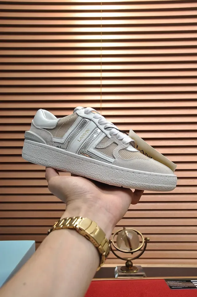 Lanvin Beige Blanc Low-Top Upper Hybride Mesh-Suede Lifestyle Sneakers 8