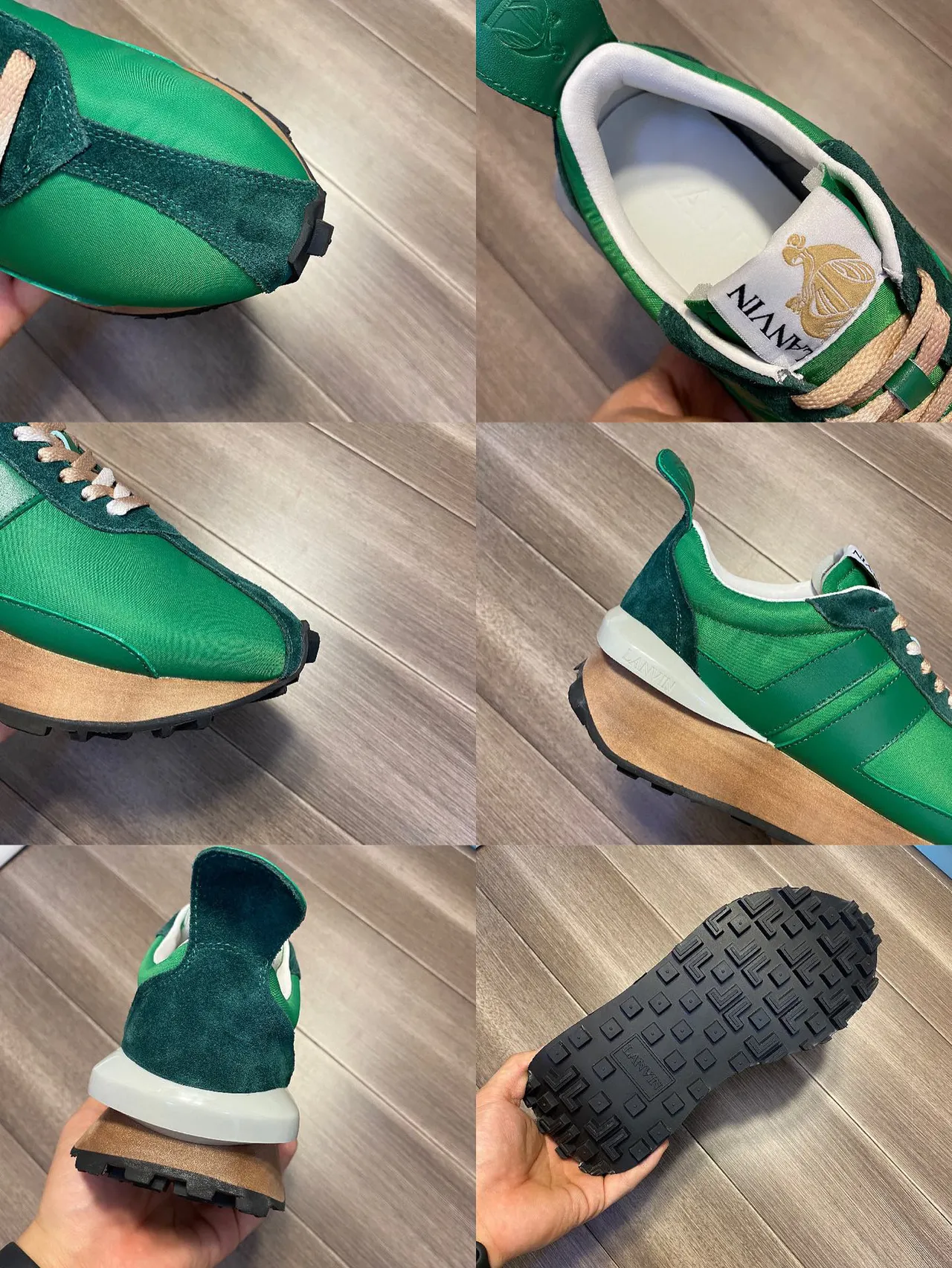 Lanvin Green Beige Layered Satin And Suede Upper Tan Flat Laces Lifestyle Sneakers 2