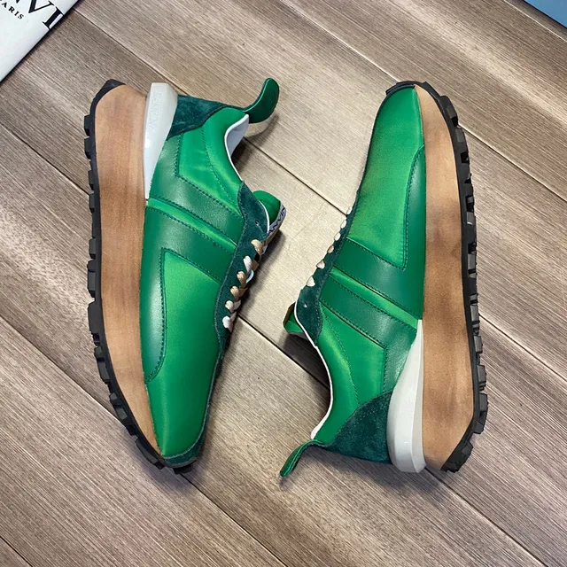 Lanvin Green Beige Layered Satin And Suede Upper Tan Flat Laces Lifestyle Sneakers 5