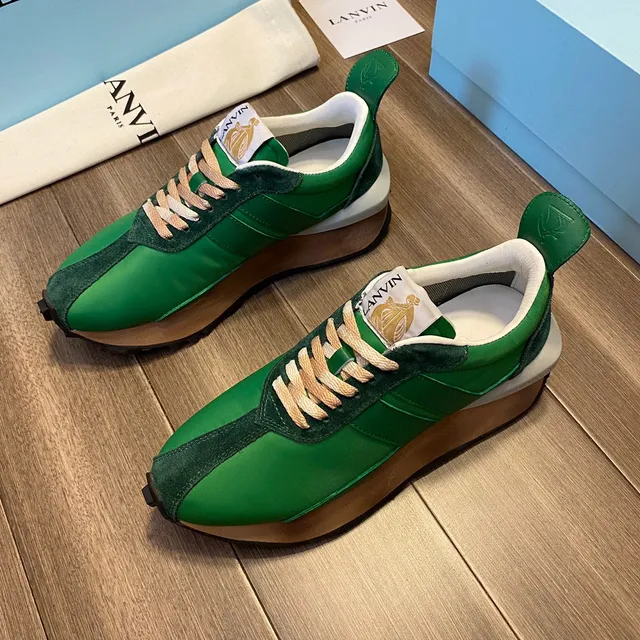 Lanvin Green Beige Layered Satin And Suede Upper Tan Flat Laces Lifestyle Sneakers 8