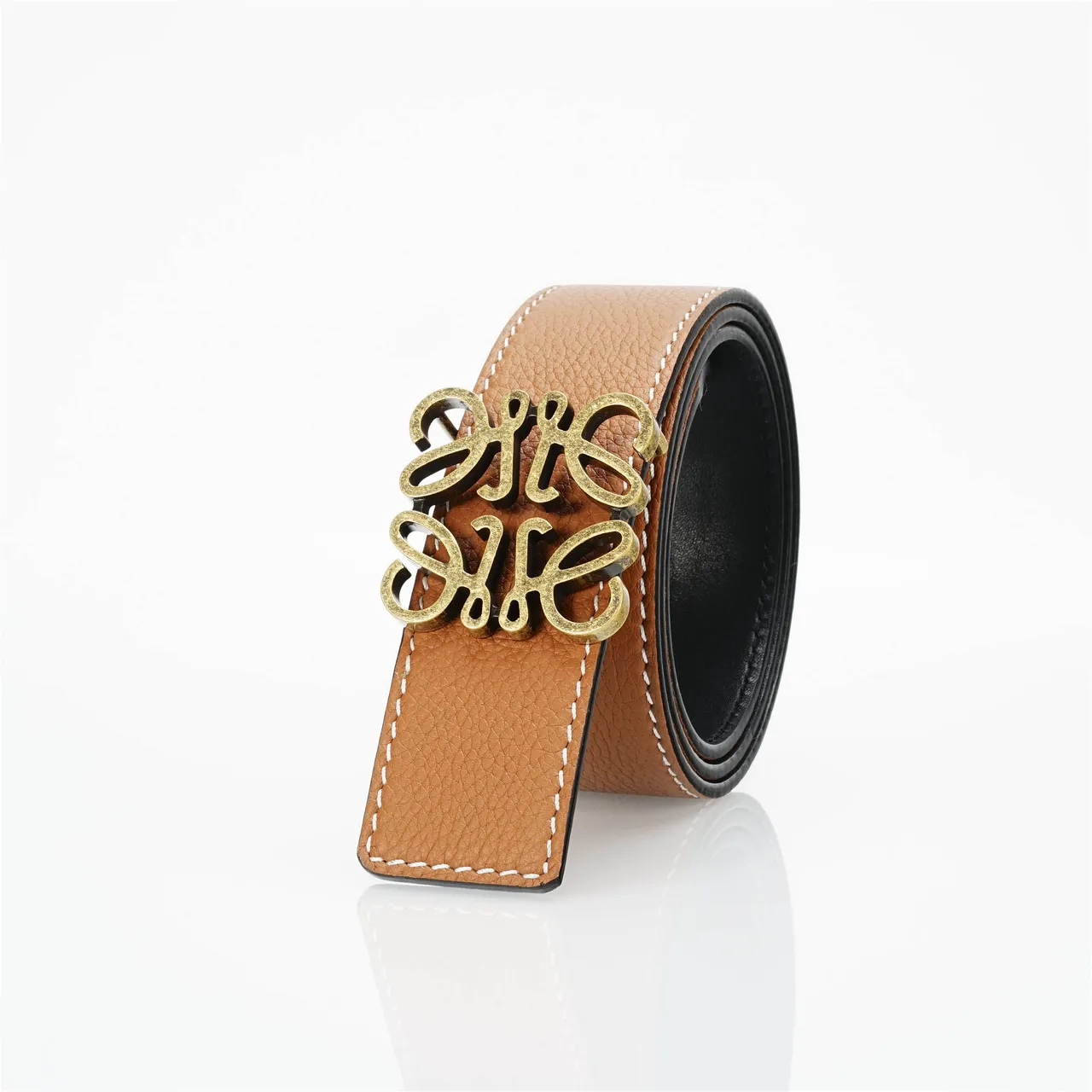 Loewe Anagram Belt Marron Beige Texturée Couture Blanche Contraste Cuir 6