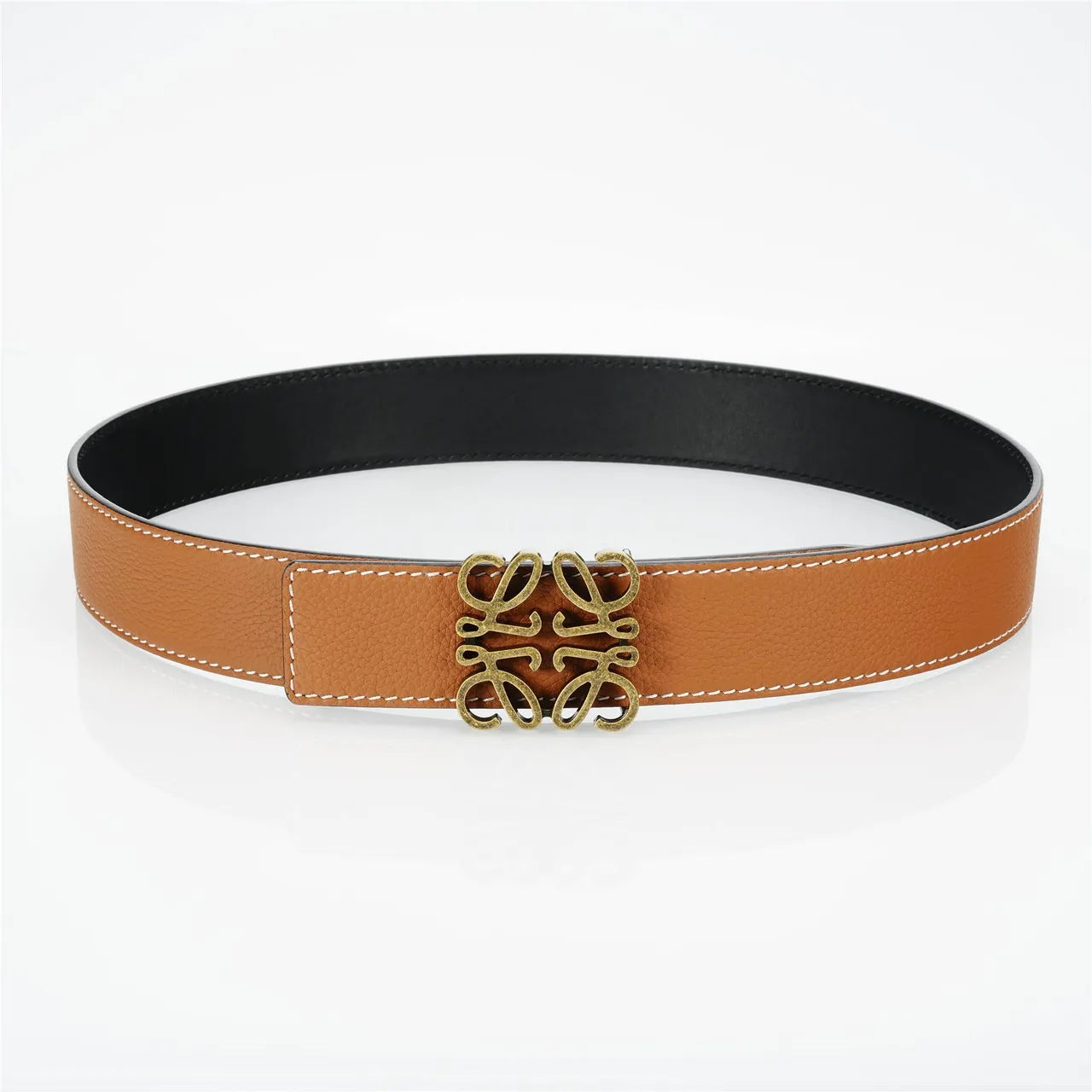 Loewe Anagram Belt Marron Beige Texturée Couture Blanche Contraste Cuir 9