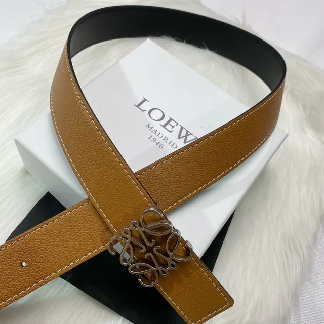 Loewe Gate Brown Beige Pebbled Contrast Stitching Leather Belt 2