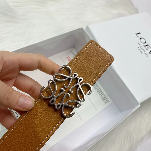 Loewe Gate Brown Beige Pebbled Contrast Stitching Leather Belt 3