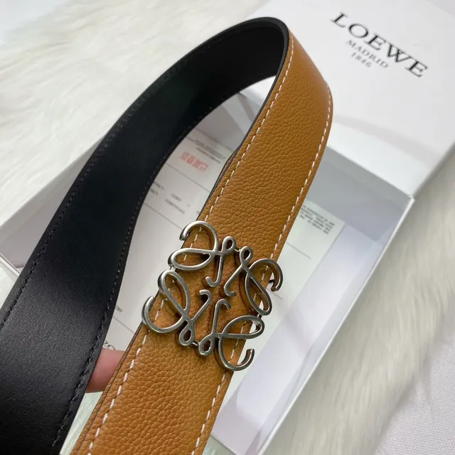 Loewe Gate Brown Beige Pebbled Contrast Stitching Leather Belt 5