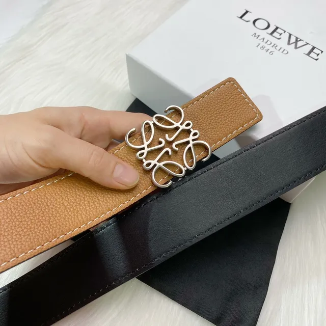 Loewe Gate Brown Beige Pebbled Contrast Stitching Leather Belt 8