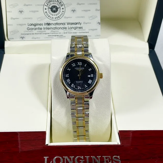 Longines Montre en acier inoxydable bicolore noir et or avec cadran guilloché de quartz 3