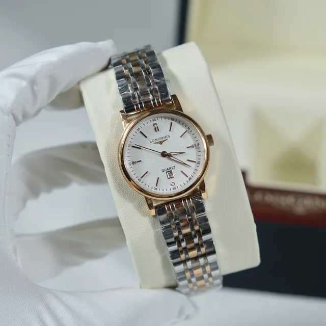 Longines Ouro Rosa Branco Aço Inoxidável Bisel de Diamantes Relógio de Quartzo 4