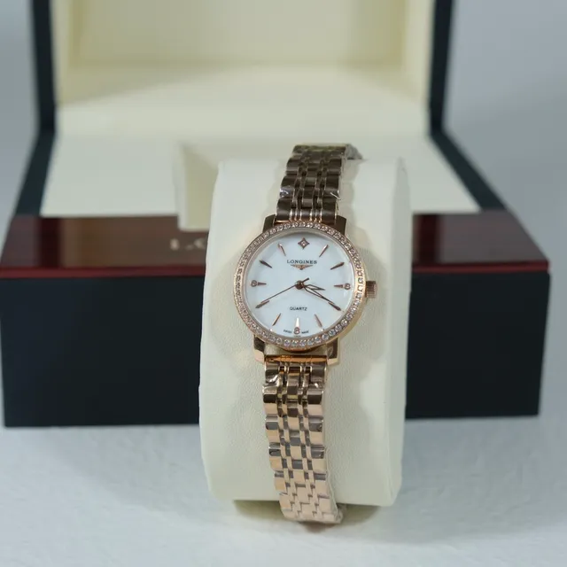 Longines Ouro Rosa Branco Aço Inoxidável Bisel de Diamantes Relógio de Quartzo 6