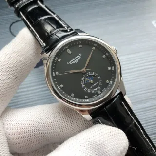 Longines Master Collection Black Silver Round Stainless Steel Case Moon Phase Complication Mechanical Watch