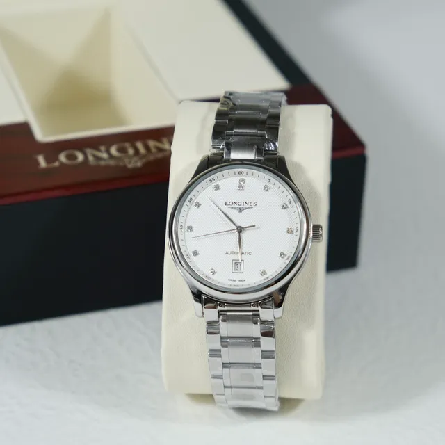 Longines Acero Inoxidable Blanco Plateado Dial Guilloché Reloj Mecánico 5
