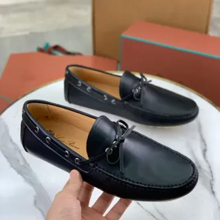 Loro Piana Black Leather Eyelet Bow Loafer